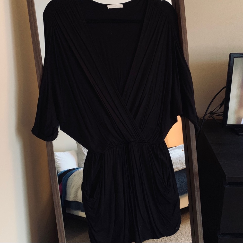 Lush Black Deep V Faux Wrap Dress